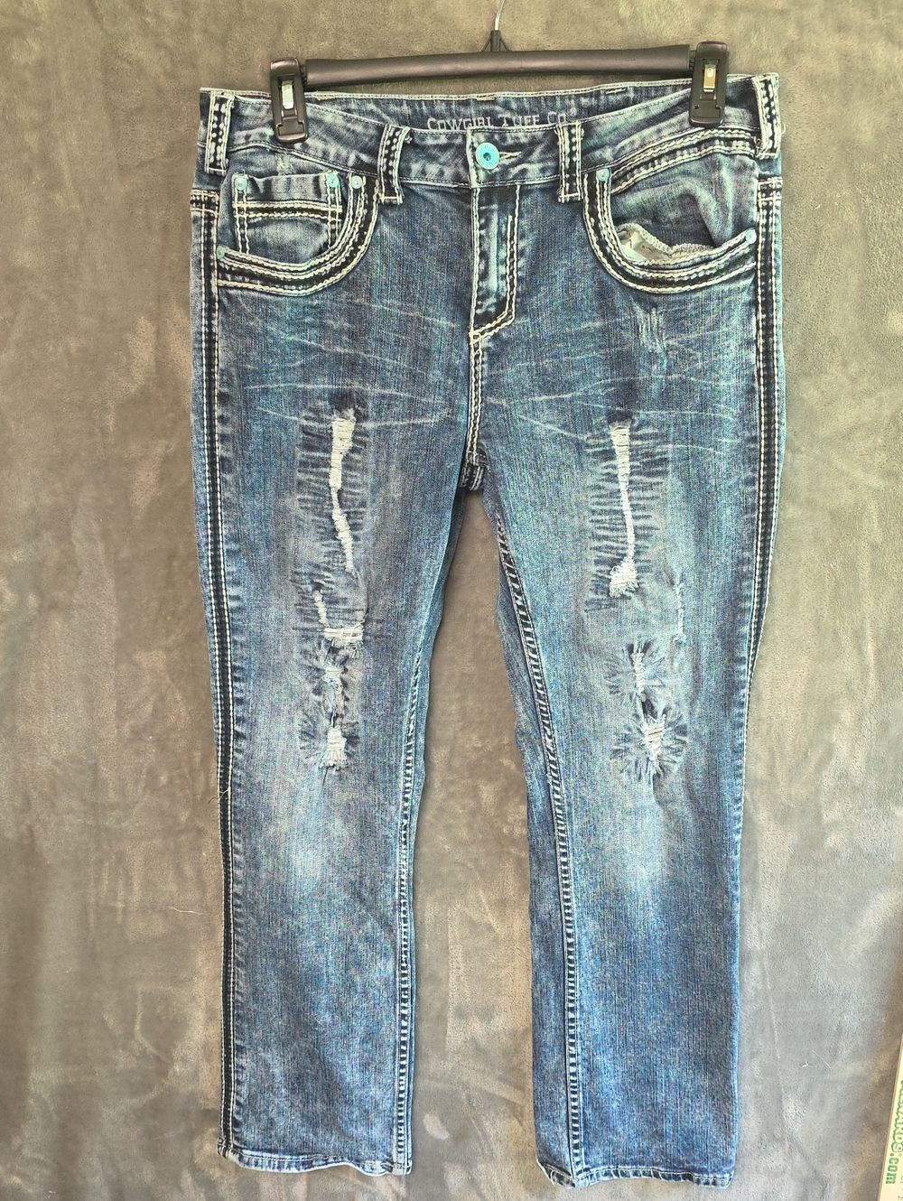 Cowgirl Tuff Distressed Dark Blue Straight Leg Jeans